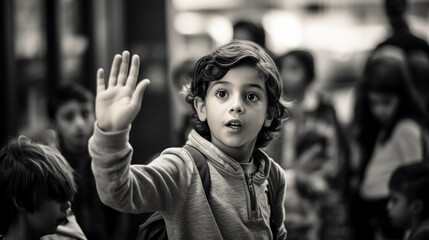 Wall Mural - a deaf child communicating with classmates using sign language, high contrast, black and white, the focus on hands signing