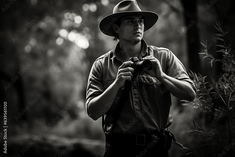 Park Rangers Using Hand Lens Monochrome, grainy, documentary - style photograph of a park ranger ...