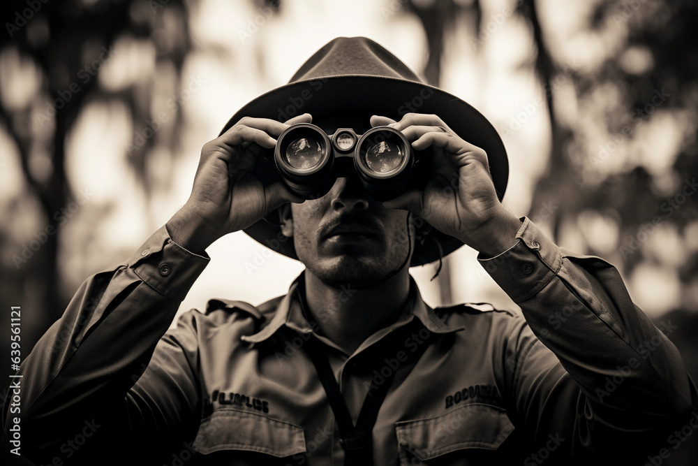 Monochrome, grainy, documentary - style photograph of a park ranger ...