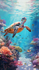 Wall Mural - Ocean conservation scene, underwater view of a coral reef teeming with marine life, emphasis on endangered species like the Hawksbill turtle, painted with vibrant watercolors, natural sunlight filteri