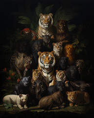 Renaissance - style oil painting of a diverse group of endangered animals posing as if for a formal portrait, rich, deep colors, ornate frame implied around the border, masterly brushwork