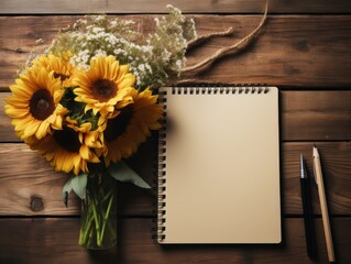 Poster - Spiral notepad with three wooden pencils with sunflowers on wooden desk Related tags