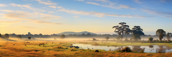 Canvas Print - serene panoramic view of a wildlife reserve at sunrise, showing a variety of animals grazing, soft p