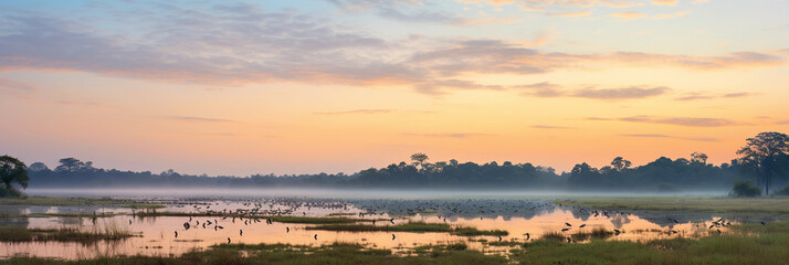 Canvas Print - serene panoramic view of a wildlife reserve at sunrise, showing a variety of animals grazing, soft p