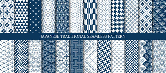 Wall Mural - set of 24 japanese traditional seamless geometric patterns with grid line in blue and white color, v