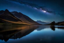 Milky Way At Blue Sky Over The Lake At Night