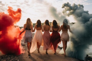 Canvas Print - wedding celebration or bride shower hen party night in the boho style at the beach, young women taking selfie smiling with friends and guests, colorful smoke flares
