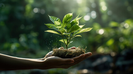 Wall Mural - Side view hand holding little tree. Generative Ai