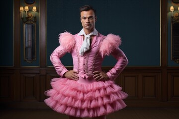 a concept of a person doing the wrong job: a photo of a young thin androgynous man wearing typical female pink ballet dress, posing as a ballerina, obviously not suitable for the role