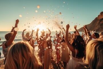 Wall Mural - wedding celebration in the boho style at the beach: bride and bridegroom taking a selfie smiling with friends and guests, confetti