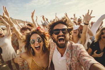 wedding celebration in the boho style at the beach: bride and bridegroom taking a selfie smiling with friends and guests, confetti