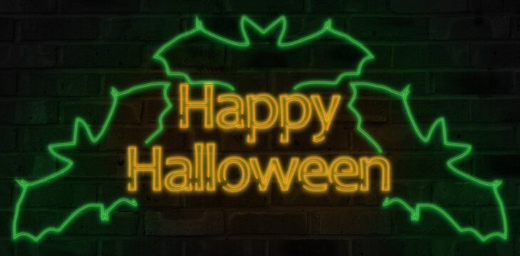Neon Happy Halloween sign. With Bats