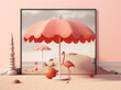 sun parasol retro sand vacation summer pink holiday chair umbrella. Generative AI.