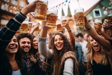 A Group Of Young Diverse Men And Women Celebrating Oktoberfest In The Beer Garden Drinking, Laughing, Having Fun Chatting Together, Summer Or Early Autumn Weather