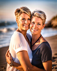 a lesbian couple in love hugs on a beach at sunset - generative ai