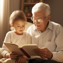 An Elderly Man, His Face Etched With Wisdom, Reads A Book Aloud To A Young Boy. The Scene Captures A Heartwarming Intergenerational Moment, Fostering A Love For Learning And Connection.