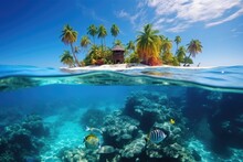 Tropical Island With Palm Trees In The Middle Of An Ocean And Underwater Life With Colorful Fish. Split View With Waterline.