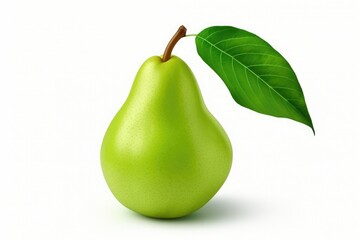 Wall Mural - Perfect ripe green pear fruit with leaf isolated on white background