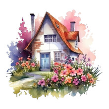 Watercolor Cozy Cottage Surrounded By Flowers Garden, Isolated