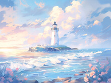 Blue Sea Waves, Lighthouse Illustration By The Sea