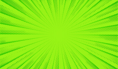 Wall Mural - Green comic background. Art pop cartoon light green backdrop. Halftone effect pattern. Fun anime texture. Starburst manga style bg. Mark popart gradient. Bright abstract color. Vector illustration