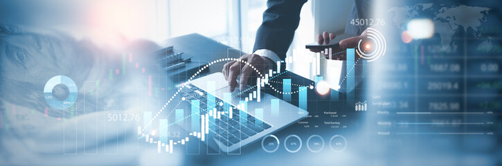 Wall Mural - Business data and stock market analysis, currency exchange. Businessman analyzing financial graph, forex chart, economic growth, business finance and investment background