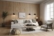3D Scandinavian farmhouse living room with a wall mockup. Generative AI