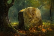 Digital Painting Of An Ancient Gravestone In A Forest. Generative AI