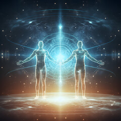 Mirrored illustration of two ethereal light bodies in the cosmos, symbolizing spirituality, vibration, evolution, and energy. 