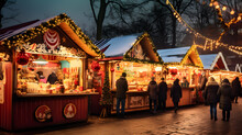 An Outdoor Christmas Market Bustles With Stalls Selling Crafts And Treats. The Photography Captures The Colorful Array Of Goods And The Joyful Expressions Of Visitors.