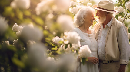 Happy elderly senior couple hugging and smiling in blooming garden, seniors couple family and healthcare concept