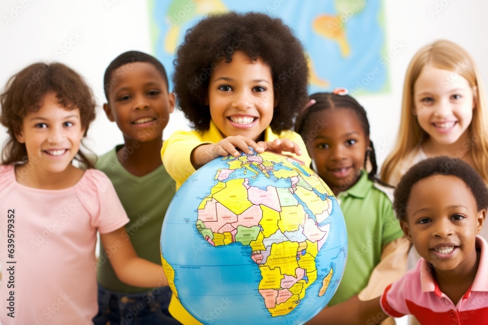 Multicultural group of happy optimistic schoolchildren holding globe ...