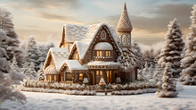A Meticulously Crafted Gingerbread House Sits Amidst A Snowy Landscape. The Image Captures The Intricate Details Of The Gingerbread Structure.