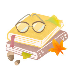 Wall Mural - Hand-drawn illustrations of stacked books and glasses, autumn leaves and ginkgo (autumn for reading), textured colored pencils and crayons / 積み重なった本とメガネ、紅葉やイチョウ(読書の秋)、質感のある色鉛筆・クレヨンの手描きイラスト
