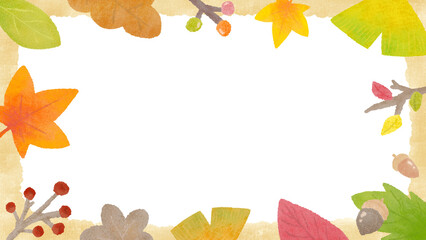 Wall Mural - Background frame of autumn plants, autumn leaves, ginkgo and acorns, hand-drawn illustrations of textured colored pencils and crayons / 秋の植物の背景フレーム、紅葉やイチョウやどんぐり、質感のある色鉛筆・クレヨンの手描きイラスト
