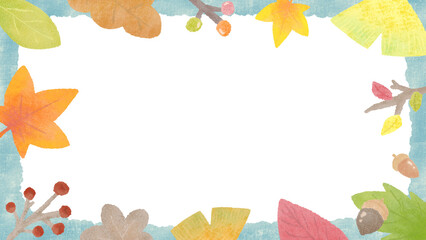 Wall Mural - Background frame of autumn plants, autumn leaves, ginkgo and acorns, hand-drawn illustrations of textured colored pencils and crayons / 秋の植物の背景フレーム、紅葉やイチョウやどんぐり、質感のある色鉛筆・クレヨンの手描きイラスト