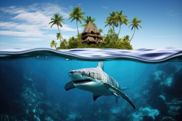 Wall Mural - Tropical island with palm trees in the middle of an ocean and and underwater life with great white shark. Split view with waterline.