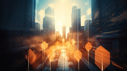 Poster - Cityscape Sunrise: Futuristic Cityscape at Dawn with Hexagon Light Trails 