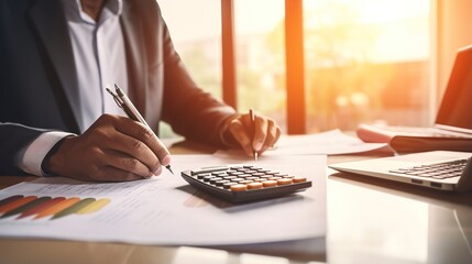 Poster - businessman using a calculator at his desk to compute figures is utilising the notion of financial accounting.