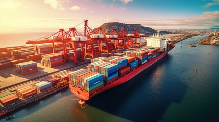 Canvas Print - container cargo goods ship at dusk, background of the logistics, import, export, and transportation industries