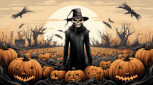 Ink Illustration Of The Grim Reaper In An Autumn Field With Pumpkins And Jack-o-lanterns, Horror Concept, Scarecrow Monster, Moon In The Backgound