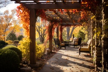 Beautiful and Serene Pergola in Autumn. Generative AI Illustration.