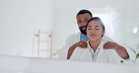 Canvas Print - Happy, massage and mirror with couple in bathroom for self care, beauty and skincare. Wake up, smile and love with man and woman talking at home for cleaning, wellness and morning routine together