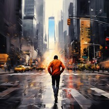 Back View Of Man Running With Motion Effect In New York City, Digital Art Atyle, Illustration Painting