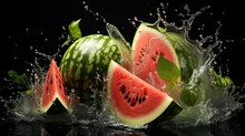 Front View Fresh Cut Water Melon Splashed With Black Background And Blur