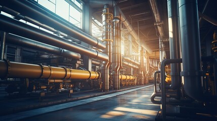 Wall Mural - Industrial Sunrise: Golden light illuminates a labyrinth of pipes and machinery within a modern factory, showcasing the intricate network of industrial infrastructure. 