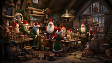 An Elaborate Scene Showcases Santa's Workshop Bustling With Activity As Elves Prepare Gifts. The Photography Captures The Meticulous Details Of The Workshop And The Joyful Expressions Of The Elves.
