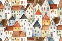 Charming Watercolor Pattern: Medieval Houses, Stone Building In Old European Town. For Tourist Items, Backgrounds, Covers. Cartoon-style Illustrations For Kids' Books.
