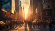 Midtown Manhattan Street Scene at Sunset - Crowded New York City Thoroughfare with Pedestrians and Vibrant Skyline Background