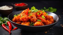 Delicious Gobi Manchurian. Indian Chinese Vegan Dish With Fried Cauliflower, Tomatoes, Onion, Soy Sauce, And Curry. Perfect Copy Space On Black Concrete Background